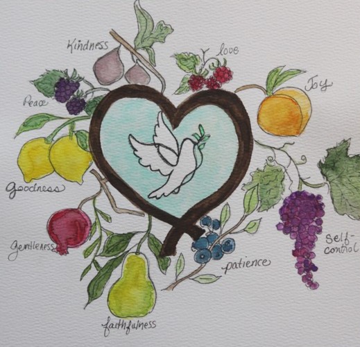 A watercolor artistic illustration featuring a heart shape surrounded by various fruits labeled with virtues such as kindness, love, joy, peace, goodness, faithfulness, gentleness, patience, and self-control, with a dove symbolizing the Holy Spirit in the center.