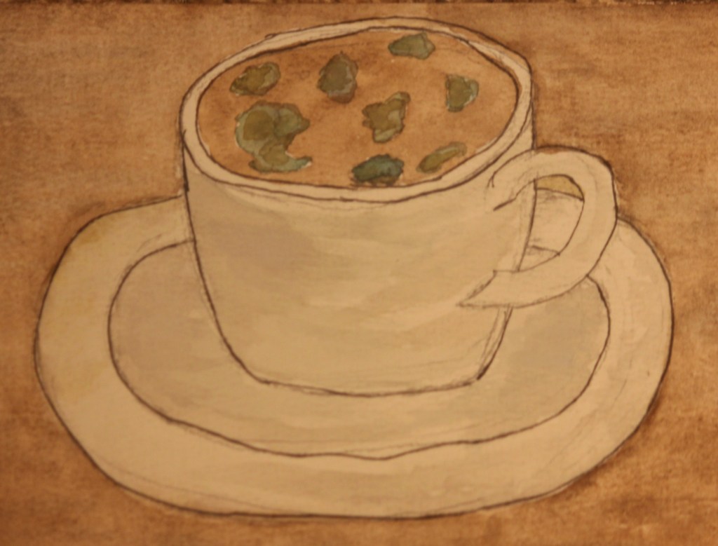 A hand-drawn illustration of a cup of coffee with a saucer, featuring a light brown liquid with green mold on top.