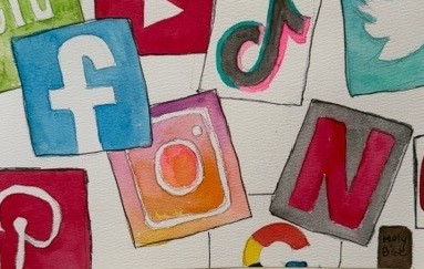 Colorful hand-painted logos of popular social media platforms including Facebook, Instagram, TikTok, Twitter, Pinterest, YouTube, Google, and Netflix. In the bottom right corner, there is a small Bible signifying the disproportionate nature of what we consume.