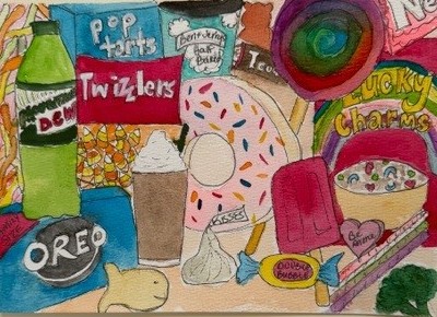 A colorful illustration featuring various snack items including Pop-Tarts, Twizzlers, a green soda bottle, a donut, Lucky Charms cereal, ice cream, Oreos, and other treats arranged artistically. In the bottom right corner is a small piece of broccoli. 