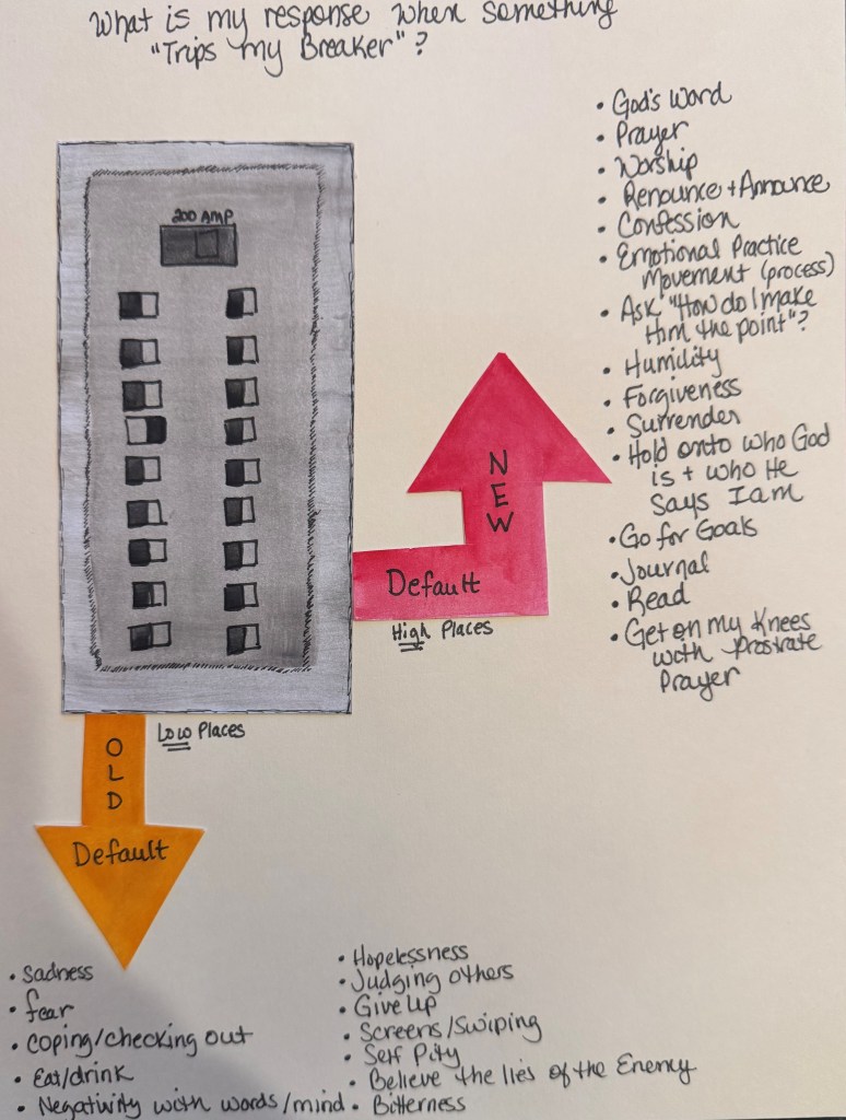 Diagram illustrating responses to challenges, featuring a circuit breaker labeled '200 Amp' with arrows pointing to different response categories: 'NEW' with positive actions and 'OLD' with negative behaviors.