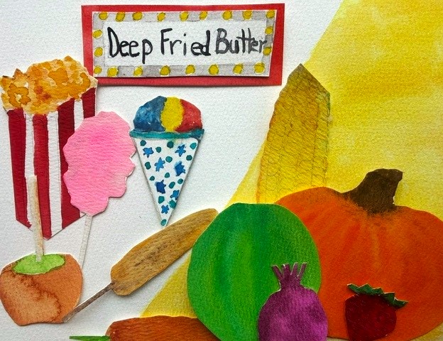 An artistic illustration featuring a sign for 'Deep Fried Butter' surrounded by various carnival foods including popcorn, cotton candy, an ice cream cone, and colorful fruits like a pumpkin, strawberry, and eggplant.