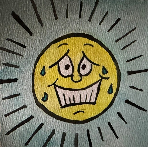 A cartoon sun with a big grin and sweat droplets, radiating lines around it.